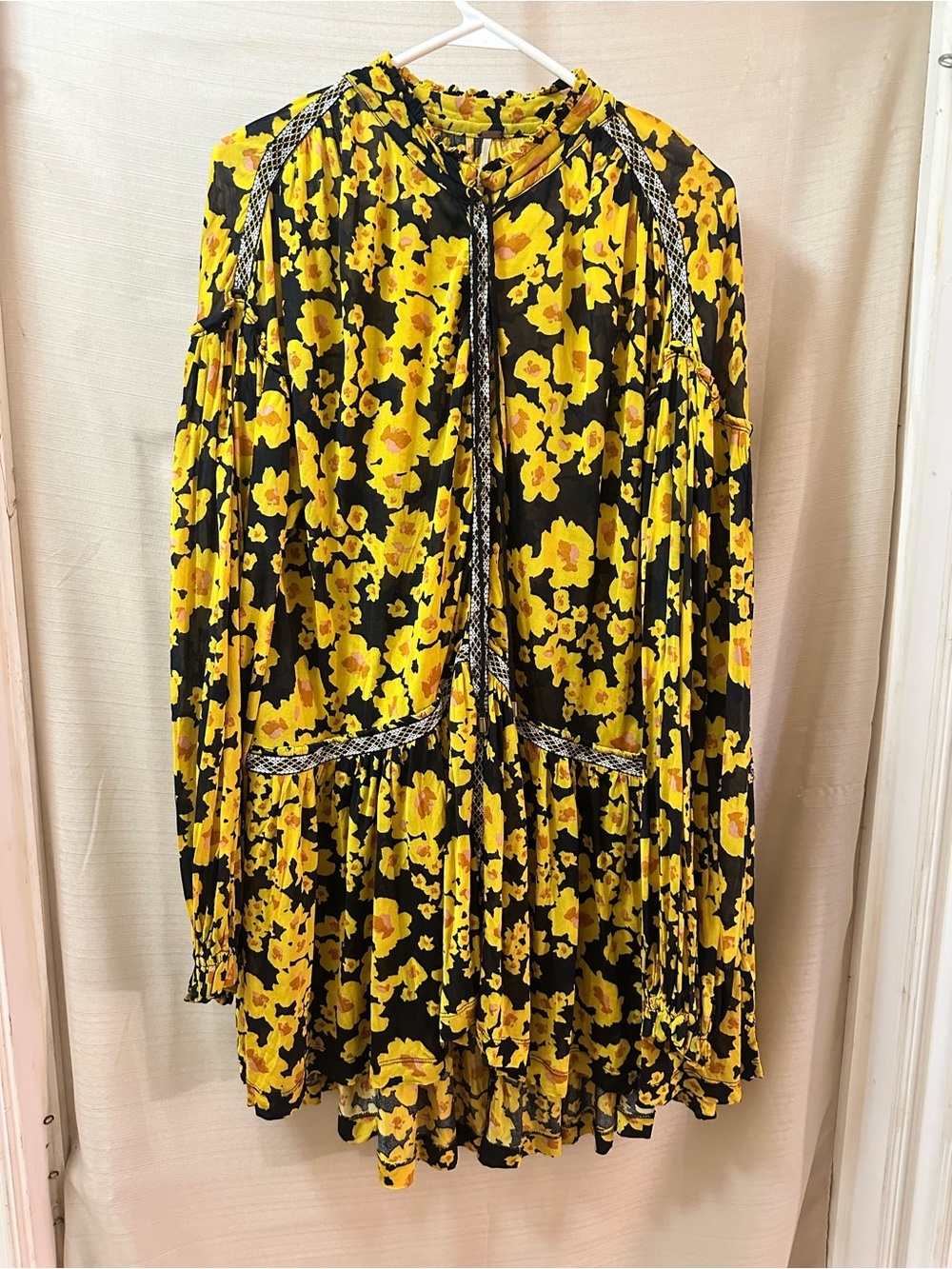 Free People Flowy Sheer Oversized Boho Mini Shirt Dress Long Sleeve Ruffle Small